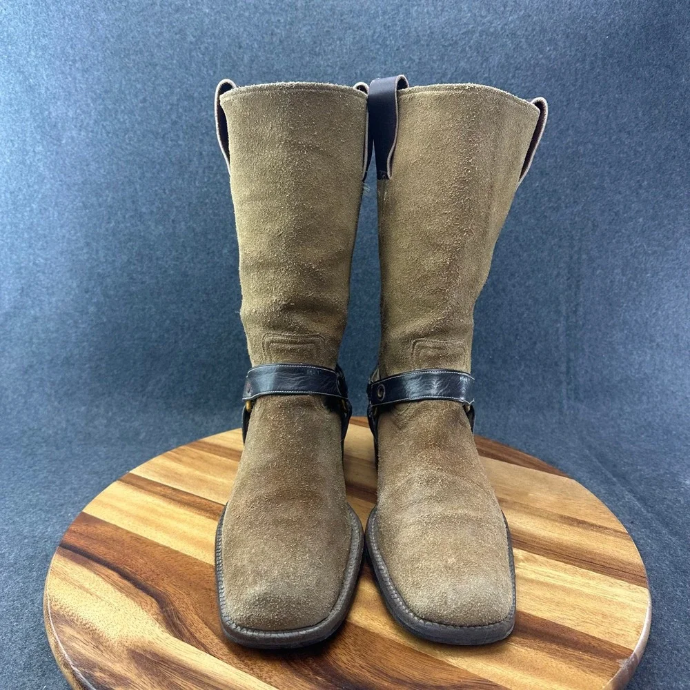 Vintage 1970s Mens Tan Suede Harness Boots Square Toe Brown Leather Straps 9.5 - Picture 3 of 12